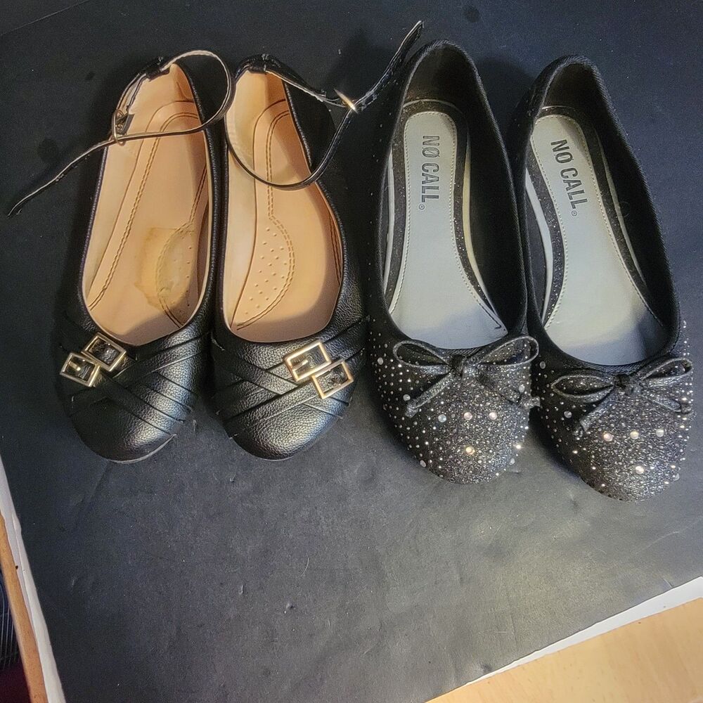No Call Girls Black Flats Lot 2 Sizes 3 & 4M Buckle Strap Glitter Bow